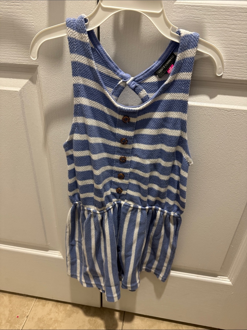 Vince Camuto Blue and White Striped Knit Romper Open Back